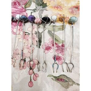 Vintage Lot Of 12 Stone Small Cocktail Picks Poker Metal Bohemian Nature